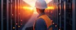 © fair - A construction worker in a safety helmet and vest observes a data center at sunset, highlighting a blend of technology and safety.