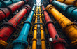 © Vadim - A series of pipes are painted in different colors, including red, yellow, and blue. Concept of industrialization and complexity, as the pipes are arranged in a way that suggests a large