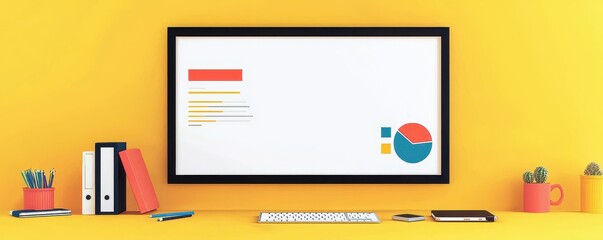 Poster - A modern workspace featuring a computer monitor, colorful charts, and office supplies against a vibrant yellow background.