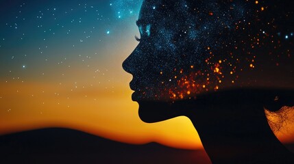 Wall Mural - Silhouette of Woman Against Cosmic Starry Night Sky Background