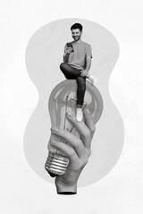 Wall Mural - Creative retro 3d magazine collage image of arm holding lamp guy sitting typing modern gadget isolated painting background