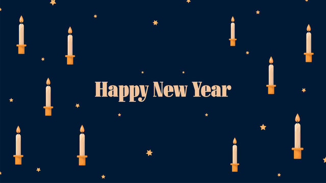 Horizontal Merry Christmas, Happy New Year greeting card and candles on dark background.Greeting text for cold season celebration.Winter days.Great for banners, wallpapers.