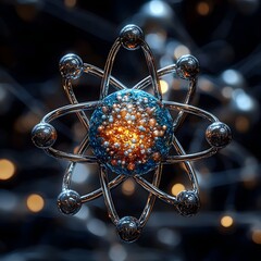 Poster - Highly detailed and vibrant 3D model of a technetium atom showcasing its intricate subshells orbitals and metallic sheen