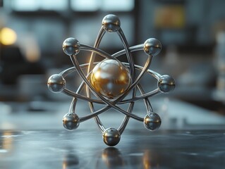 Poster - Intricate 3D representation of a technetium atom demonstrating its electron shell structure and radiological properties with a technical precision muted color palette