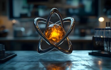 Poster - cutaway visualization of a technetium atom demonstrating its nuclear composition and radiological pr