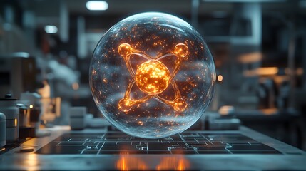 Poster - technetium atom s electron structure and applications in medical imaging showcased in stylized 3d tr