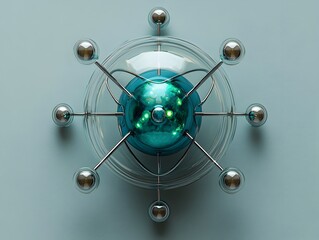 Poster - cutaway view of a technetium atom revealing its electron and uses in cutting edge diagnostic medical