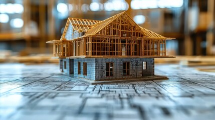 Poster - Model house on architectural blueprints for construction planning.