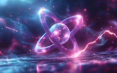 Poster - 3D model of a technetium atom emphasizing its unique electron shell arrangement and medical imaging applications  The model features a glowing cyan and magenta palette
