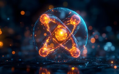 Poster - 3D Visualization of a Technetium Atom Emphasizing Its Unique Electron Shell Arrangement and Highlighting Its Medical Imaging Applications with a Glowing Cyan and Magenta Color Palette