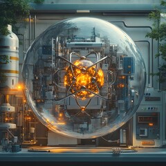 Poster - detailed cutaway 3d model of technetium atom highlighting its electron structure and uses in diagnos