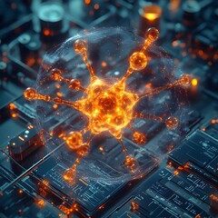 Poster - Detailed Schematic Visualization of a Technetium Atom Demonstrating its Complex Electron Structure and Powerful Diagnostic Imaging Potential for Revolutionary Medical Scanning Capabilities