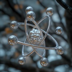 Poster - intricate 3d model of a technetium atom showcasing its lustrous silvery structure and highlighting t