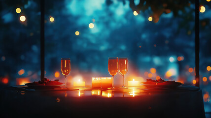 Poster - Romantic Dinner Table with Candlelight and Champagne, Celebrating Love and Special Moments