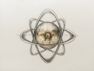 Poster - transparent visualization of a technetium atom revealing its internal composition complex subshells 