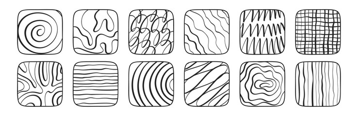 Poster - Abstract line set with brush textures and grunge spirals. Hand-drawn geometric patterns and graphic curves for doodle-inspired designs. Flat vector illustration isolated on white background.