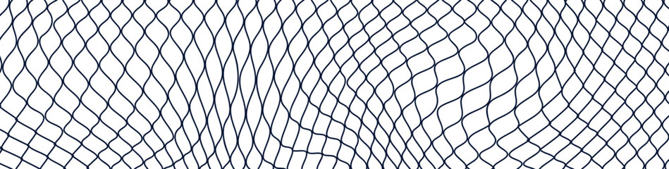 Seamless fishnet pattern with mesh texture and diamond grid. Black and white lace design for soccer, fishing, and web backgrounds. Flat vector illustration isolated on white background.