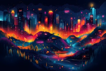 Poster - Sleek data driven digital depicting the prevalence of various leisure hotspots rendered in a striking neon infused color palette with bold geometric forms that suggest patterns and trends