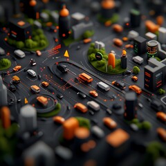 Fototapete - Aerial view of a sprawling urban landscape with intricate road systems and synchronized traffic flows with abstract data visualizations overlaid in a neon infused color scheme