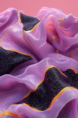 Poster - Colorful, lightweight fabric gracefully drapes with swirling patterns of purple and black adorned with orange trim, resembling a cosmic night sky
