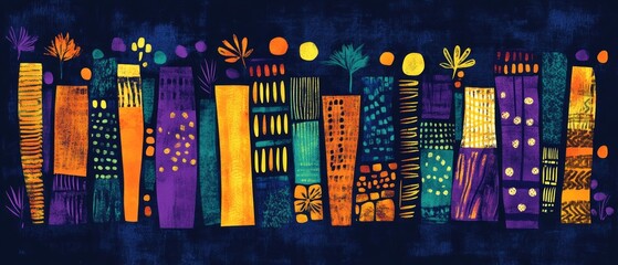 Poster - Vibrant and whimsical buildings filled with various patterns and colors create a lively atmosphere against a dark background, showcasing artistic creativity