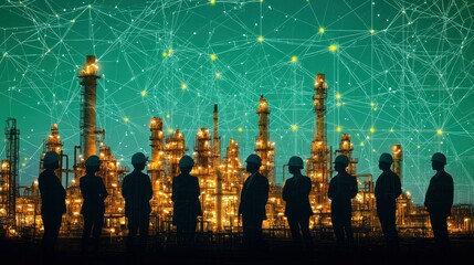 Poster - Silhouetted workers in front of a glowing industrial site.