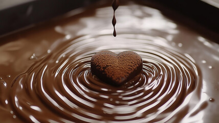 Heart-Shaped Chocolate Gently Rising from Rich Chocolate Ripples, Ideal for Romantic Occasions