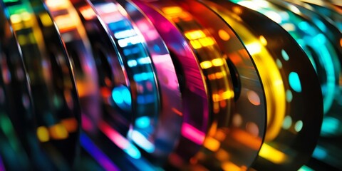 Poster - Vibrant and colorful film reels create an eye-catching display. The soft blurred effect enhances the artistic style. Perfect for creative projects and film-inspired designs. AI