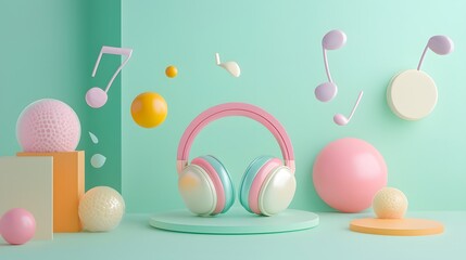 Sticker - Pastel Headphones Resting on Platform with Floating Music Notes