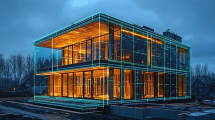 Poster - Modern illuminated building with a futuristic design.