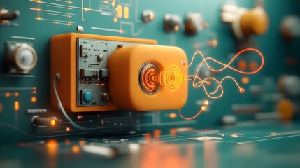Poster - Visualization of the frequency modulation FM process used in radio broadcasting showcasing complex waveforms oscillating signals electronic circuit diagrams