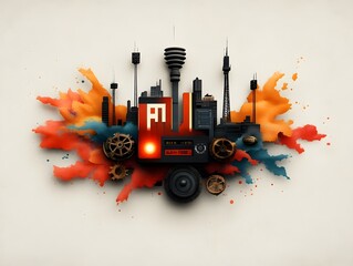 Poster - Futuristic Frequency Modulation Radio Transmission Abstract Visualization with Mechanical Gears and Analog Components