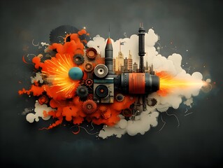 Poster - Retrofuturistic digital painting showcasing abstract data visualizations of sound waves and radio frequencies combined with mechanical gears analog components