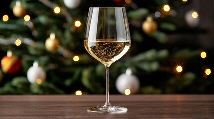 New Year drink, A glass of white wine sits elegantly on a wooden surface with a festive Christmas tree adorned with lights and ornaments in the background.