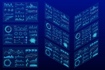 Poster - Isometric futuristic digital dashboards featuring multiple data visualizations, including bar graphs, pie charts, and line graphs. The panels are illuminated in neon blue on a dark background