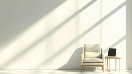Poster - cozy workspace with modern chair and laptop in a sunlit room with minimalist design