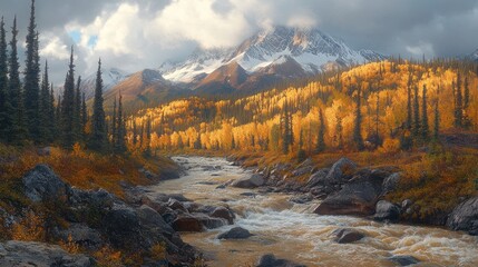 Wall Mural - Autumnal river flowing through golden aspen forest, snow-capped mountains background.