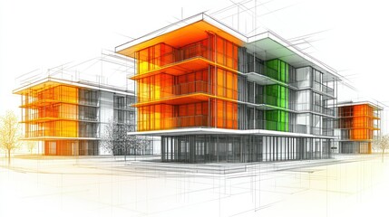Poster - Architectural sketch of modern multi-story buildings.