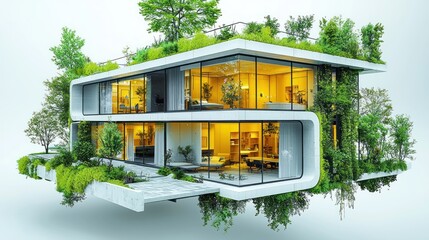 Poster - Modern eco-friendly house with greenery and large windows.