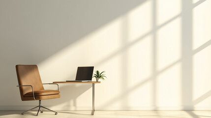 Poster - Cozy workspace featuring a modern desk and chair illuminated by soft sunlight