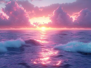 Poster - Romantic Sunset Over Lavender Clouds and Gentle Ocean Waves Reflecting Vibrant Glow