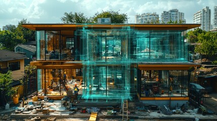 Poster - Modern construction site with digital overlay.