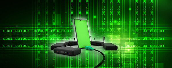 Poster - 3d rendering Transmitter WiFi with mobile phone 
