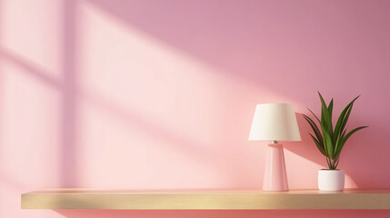Poster - soft pink wall with a lamp and a potted plant on a wooden shelf in natural light