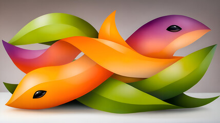 Aufkleber - A vibrant abstract composition of stylized fish intertwined with colorful waves of leaves.