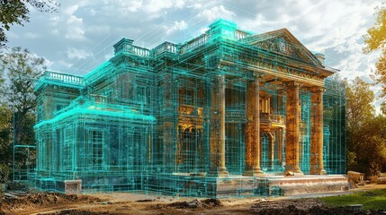 Poster - Futuristic rendering of a historic building in digital form.