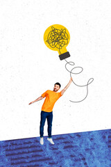 Poster - Composite trend artwork 3D sketch image photo collage of idea light bulb lamp creative brainstorming young guy small stand hand hold rope