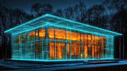 Poster - Modern glass structure illuminated at night.
