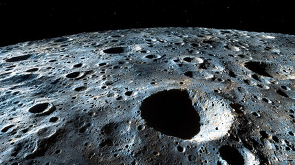 rough lunar surface with craters in sunlight. banner