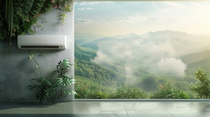 Aufkleber - Air conditioner mounted on wall next to open window revealing a lush mountain landscape. Generative AI